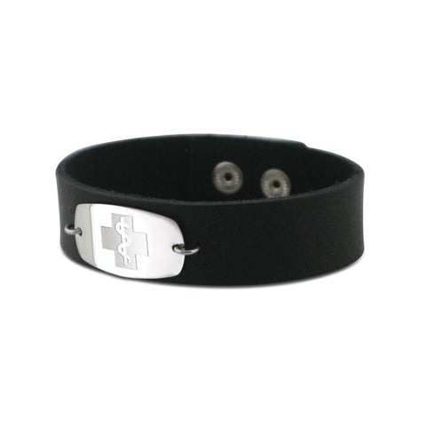NEW! Casual Leather Wristband - Small Emblem - Snap Closure - Smooth Raging Black
