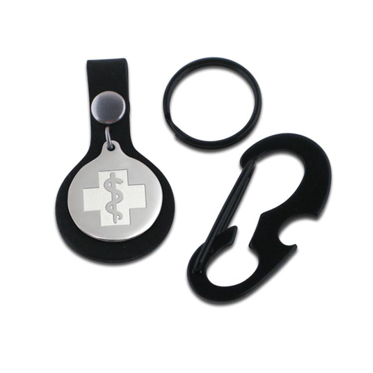 NEW! Black Krinkle Leather Key Fob - Stainless Steel Medallion - Carabiner Clip